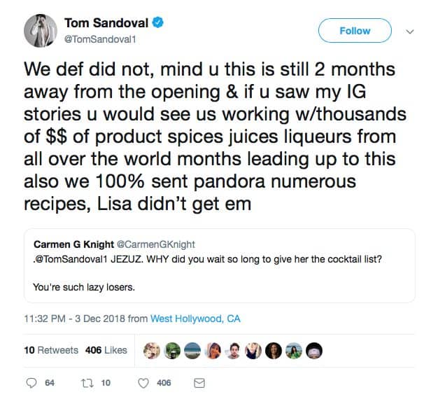 Tom Sandoval Blames Pandora Sabo For Blocking Coctail List
