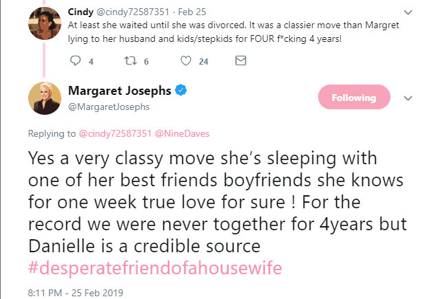 Margaret Josephs accuses Danielle of cheating with best friend's man