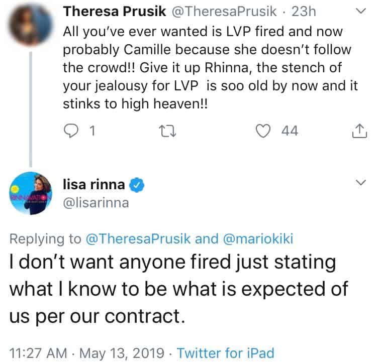 Lisa Rinna Doesn't Want Lisa Vanderpump Fired in Tweet