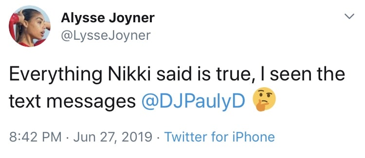 Alysse backs up Nikki's text messages from Pauly D