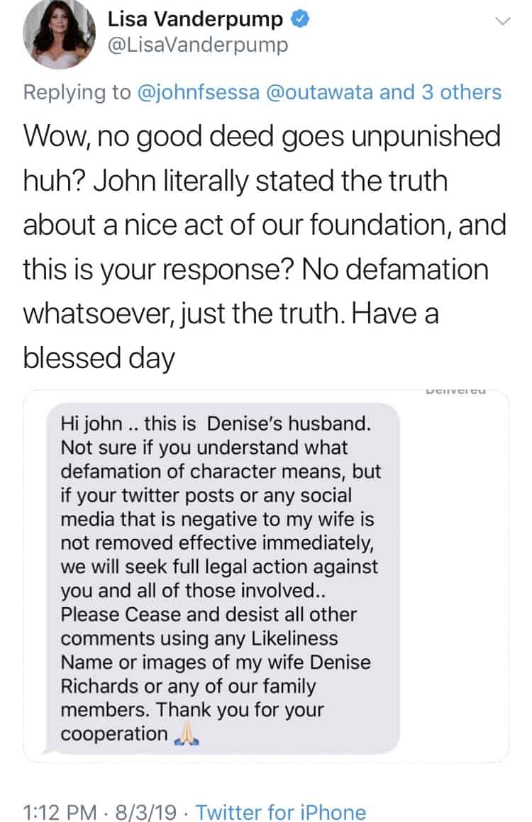 Lisa Vanderpump Shares Denise Richards Husband Aaron Phypers Text Message Threatening to Sue John Sessa