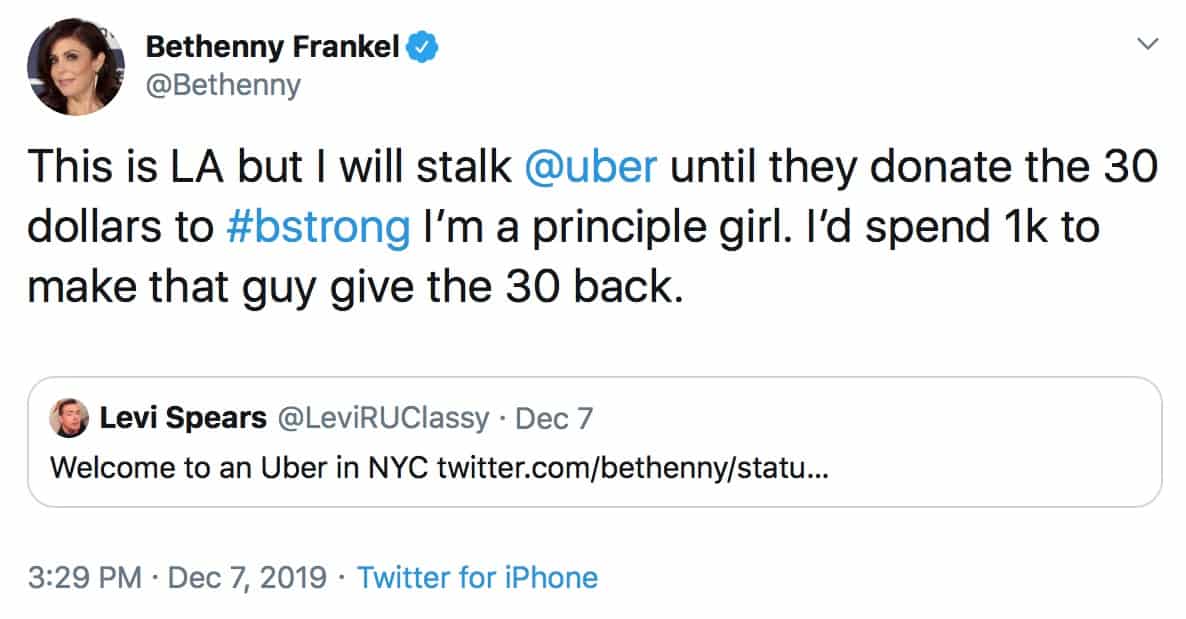 RHONY Bethenny Frankel Requests Refund From Uber Driver