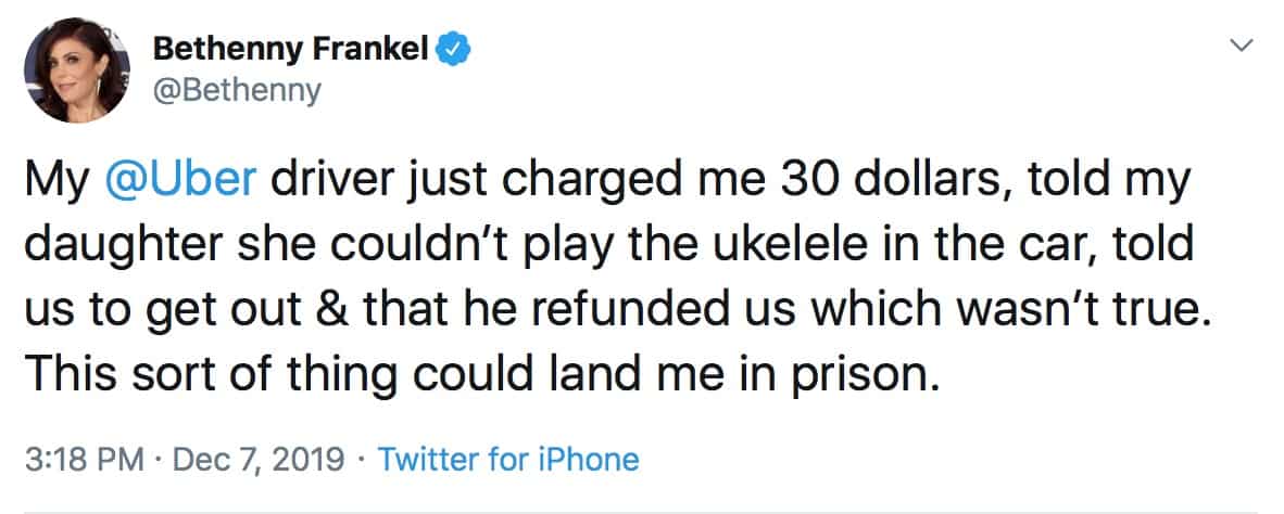 RHONY Bethenny Frankel Slams Uber Driver on Twitter