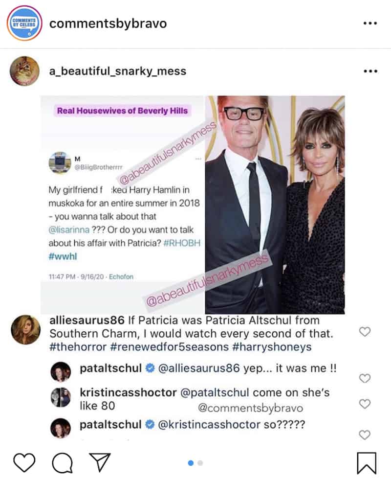 Southern Charm Patricia Altschul Reacts to Rumors of an Affair With RHOBH Lisa Rinna's Husband Harry Hamlin