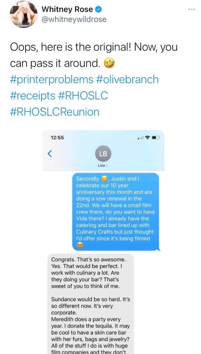 RHOSLC Whitney Rose Leaks Text Messages From Lisa Barlow