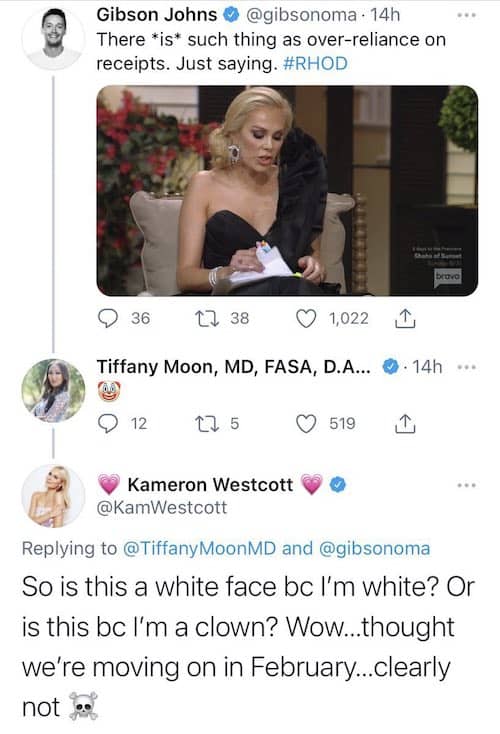 RHOD Kameron Westcott accuses Dr.  Tiffany Moon to use white face