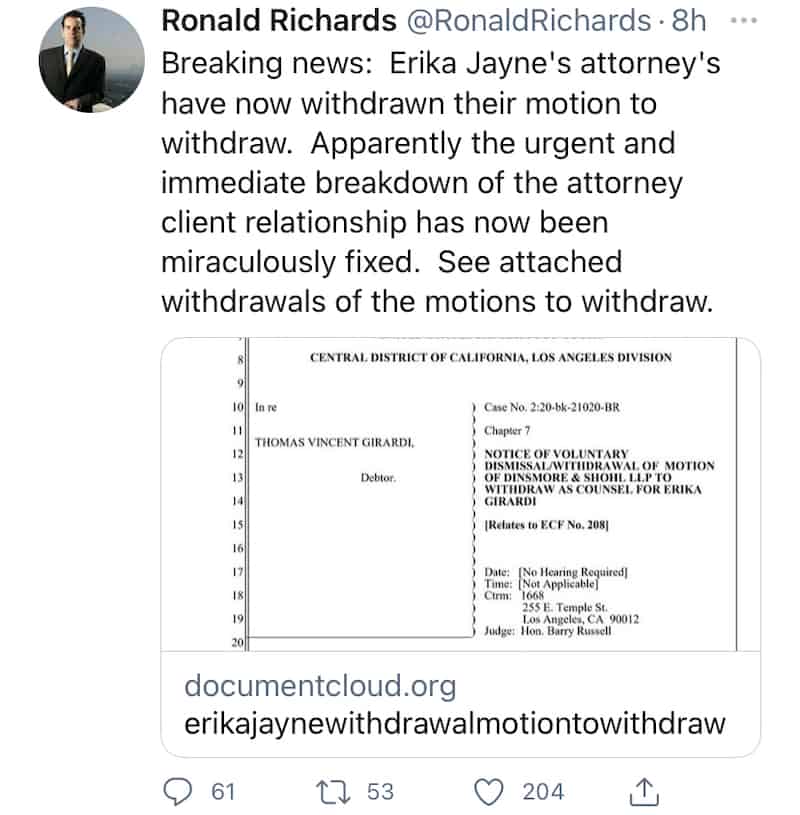 RHOBH Erika Jayne's Attorneys Withdraw Their Mortion to Withdraw Their Representation