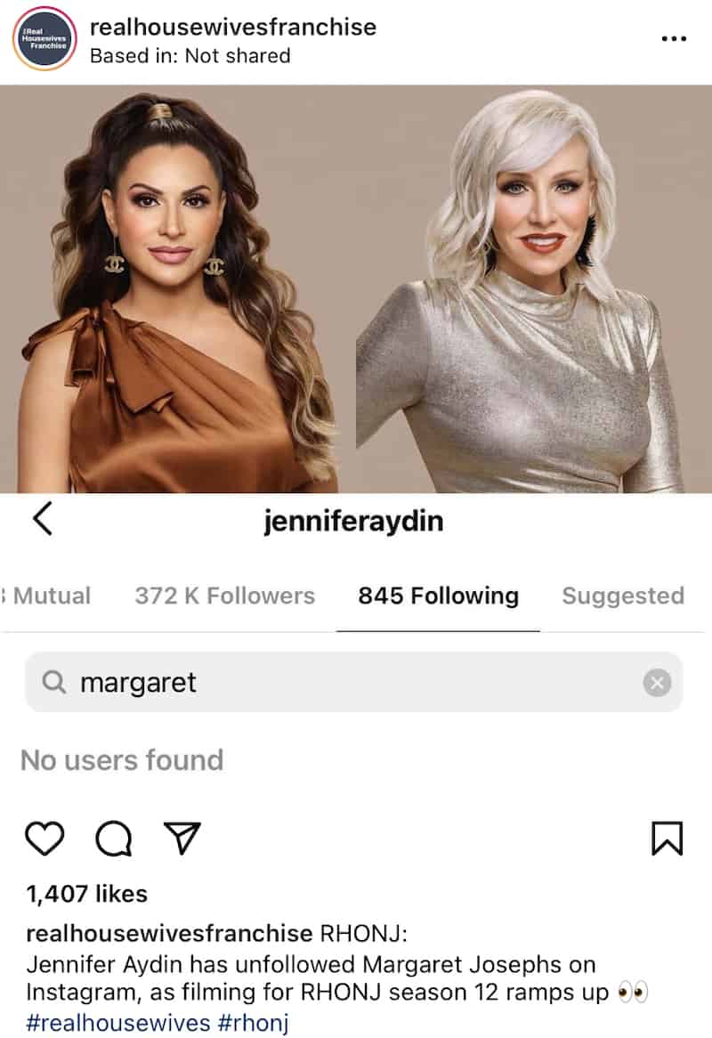 RHONJ Jennifer Aydin Unfollows Margaret Josephs on Instagram