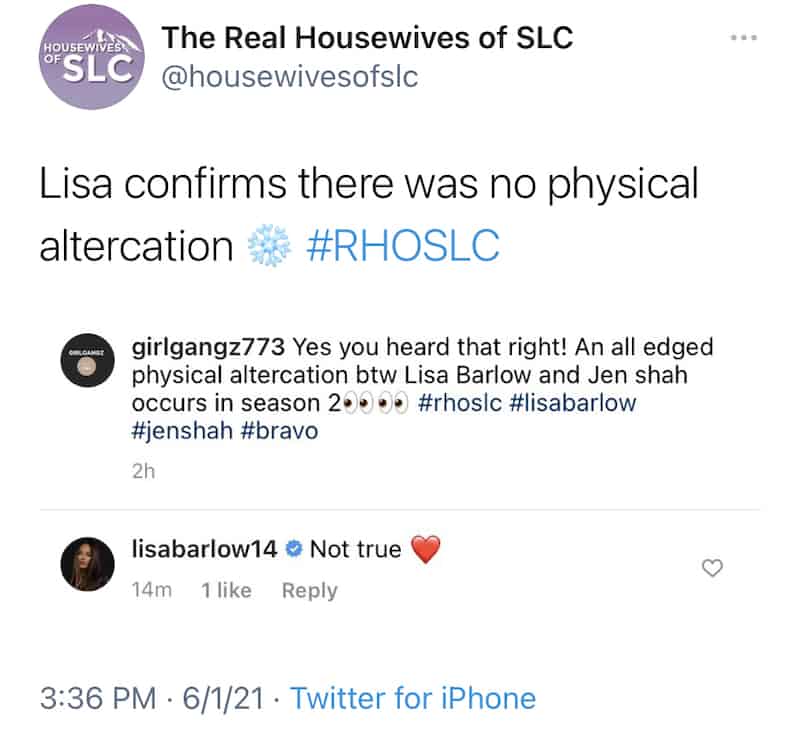 RHOSLC Lisa Barlow Denies Physical Altercation With Jen Shah