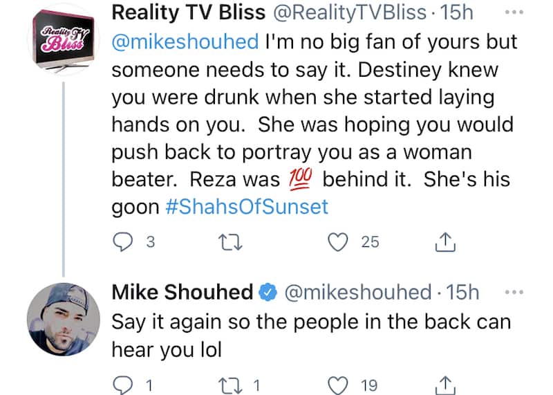 Shahs of Sunset Mike Shouhed Suggests Reza Farahan Enlisted Destiney Rose to Make Him Look Like a Woman Beater
