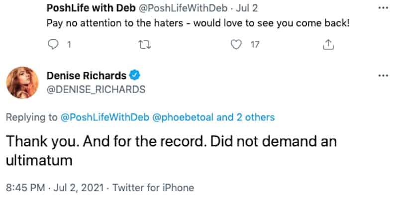 Denise Richards Denies Giving RHOBH Return Ultimatum