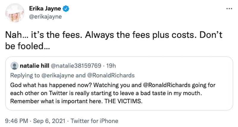 RHOBH erika jayne claims ronald richards doesn't care about victims