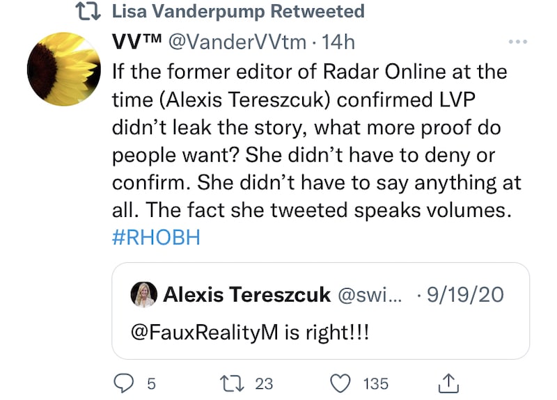 RHOBH Lisa Vanderpump Shares Message Claiming She Didn't Leak Story