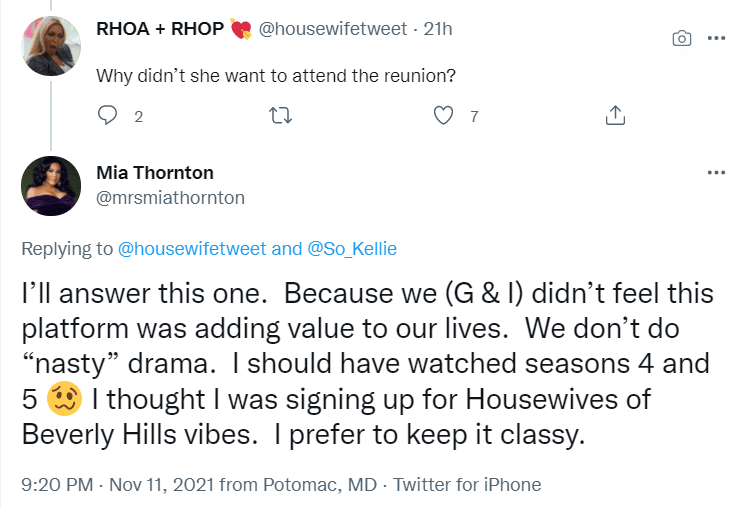 Mia Thornton tweet on almost skipping RHOP Reunion