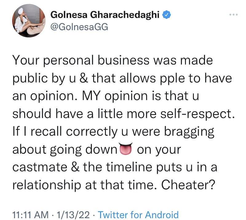 Shahs of Sunset Golnesa Gharachedaghi Suggests Lala Kent is a Cheater