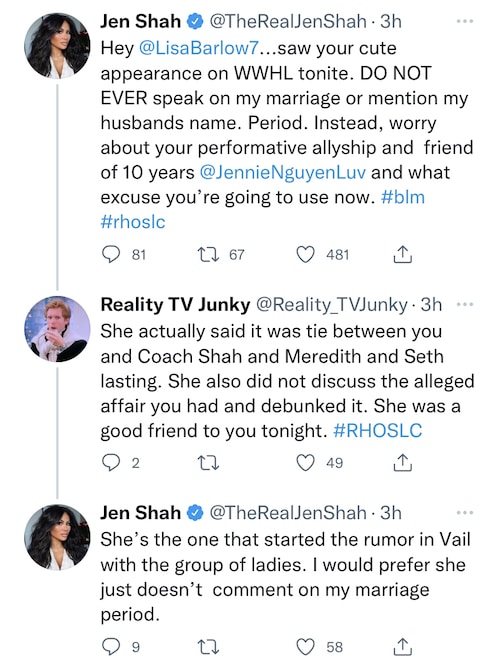 RHOSLC Jen Shah Fires at Lisa Barlow After She Mentions Sharrieff Marriage on WWHL