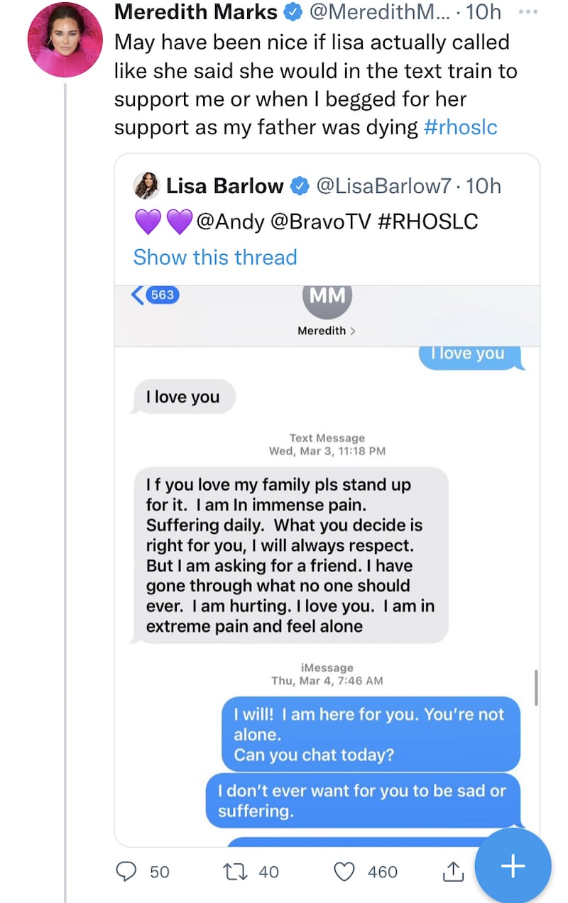 RHOSLC Meredith Marks Claims Lisa Barlow Didn't Call After She Begged for a Friend