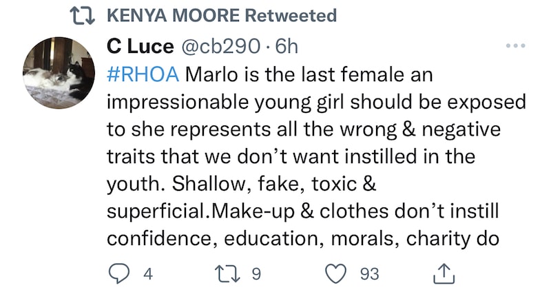 RHOA Kenya Moore Shades Marlo as Shallow and Toxic With Re-Tweet