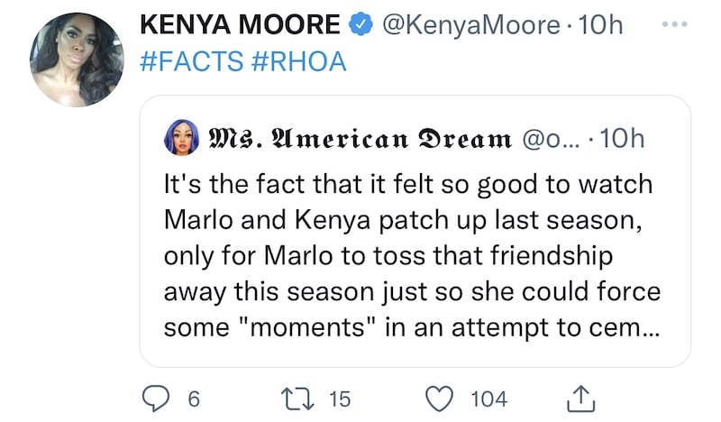 RHOA Kenya Moore Suspects Marlo is Causing Drama to Keep Her Peach