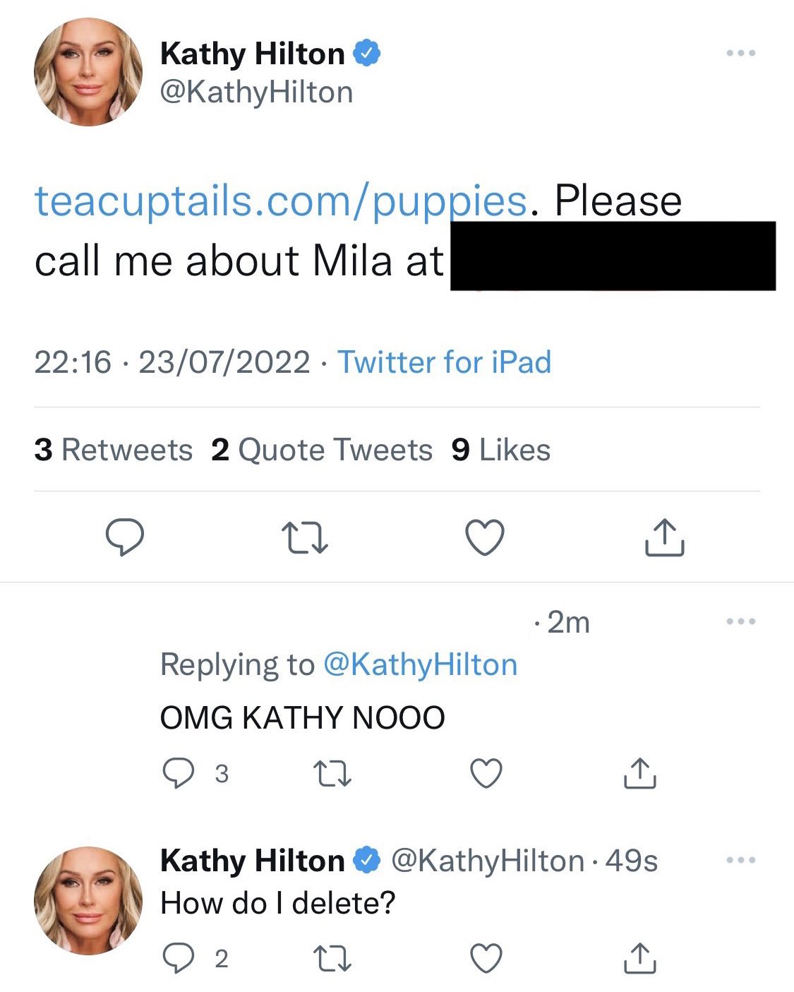RHOBH Kathy Hilton Accidentally Tweets Phone Number