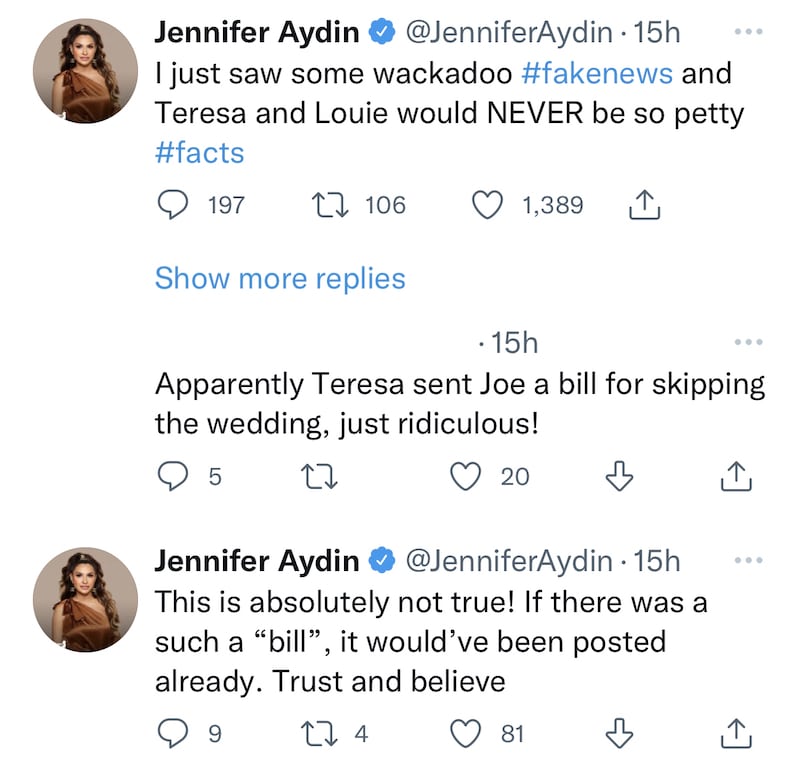 RHONJ Jennifer Aydin Slams Claims of Teresa Billing Joe and Melissa for Wedding Meals