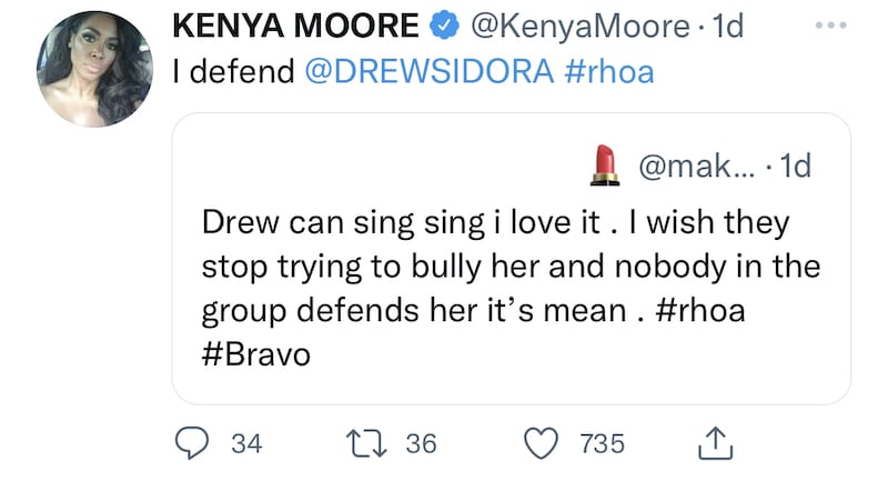 Kenya Moore Insists She Defends Drew Sidora Against RHOA Cast