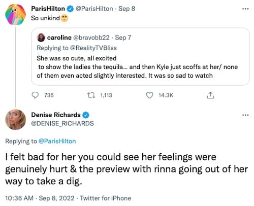 RHOBH Denise Richards Reacts After Paris Hilton Disses Kyle as Unkind