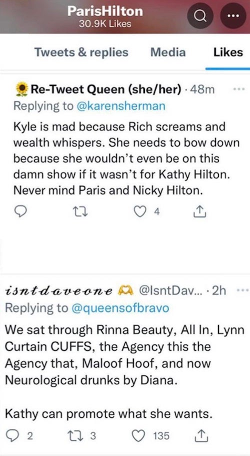 Paris Hilton Likes Tweet Suggesting Kyle Wouldn't Be on RHOBH If It Weren't for Kathy