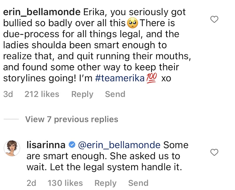 Lisa Rinna Reacts to Fan Saying RHOBH Cast Shouldn't Have Judged Erika Jayne
