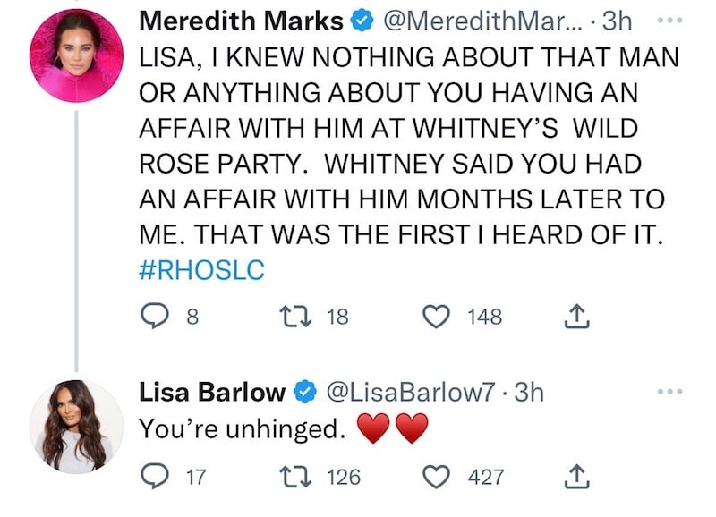 RHOSLC Meredith Marks Denies Knowing About Lisa Rumored Affair Before Whitney Party