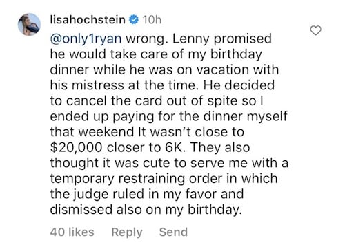 RHOM Lisa Hochstein Denies Charging $20,000 Birthday Dinner to Lenny's Card