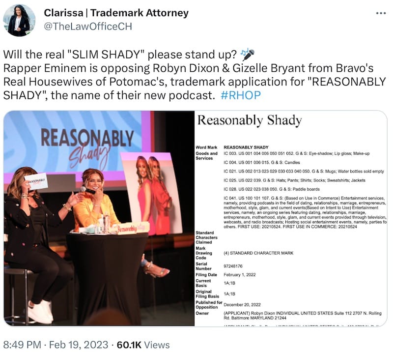Eminem Opposes RHOP Robyn and Gizelle Reasonably Shady Trademark