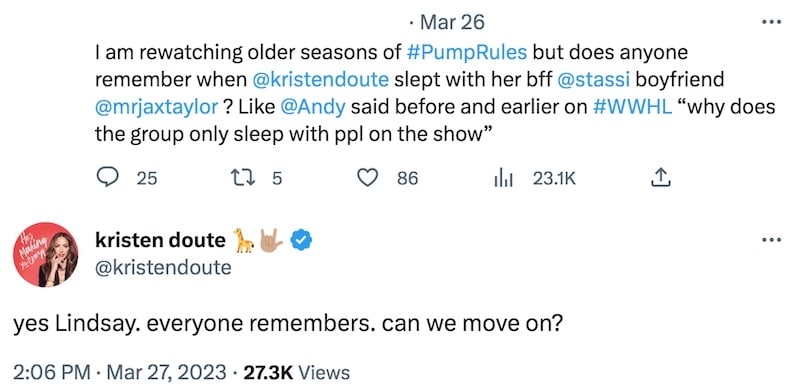 Vanderpump Rules Kristen Doute Responds to Fan Who Reminds Her She Slept With Stassi's Boyfriend