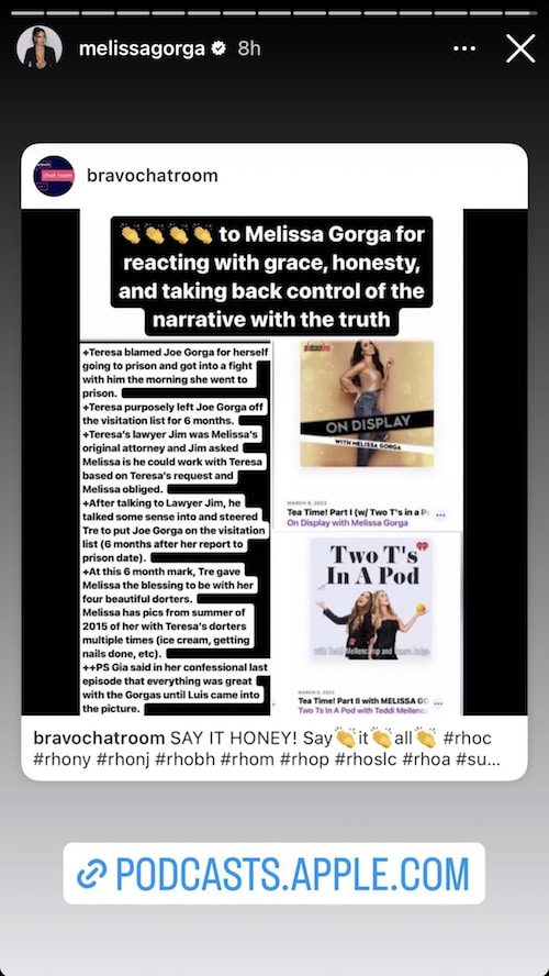 RHONJ Melissa Gorga Claps Back at Teresa and Gia Claims About Prison
