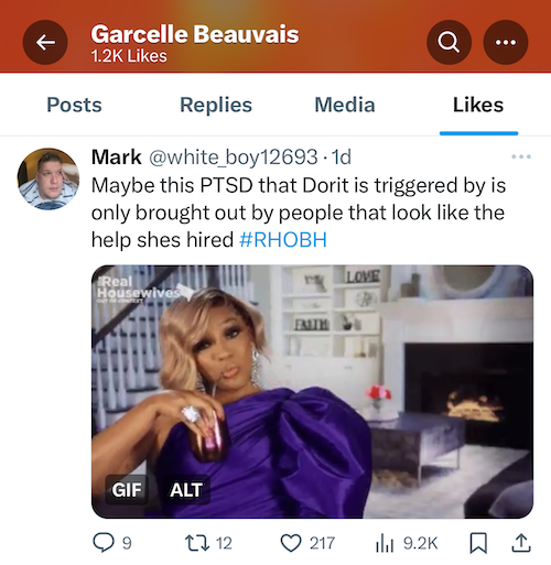 rhobh garcelle beauvais likes x post saying dorit is triggered by people who look like the help