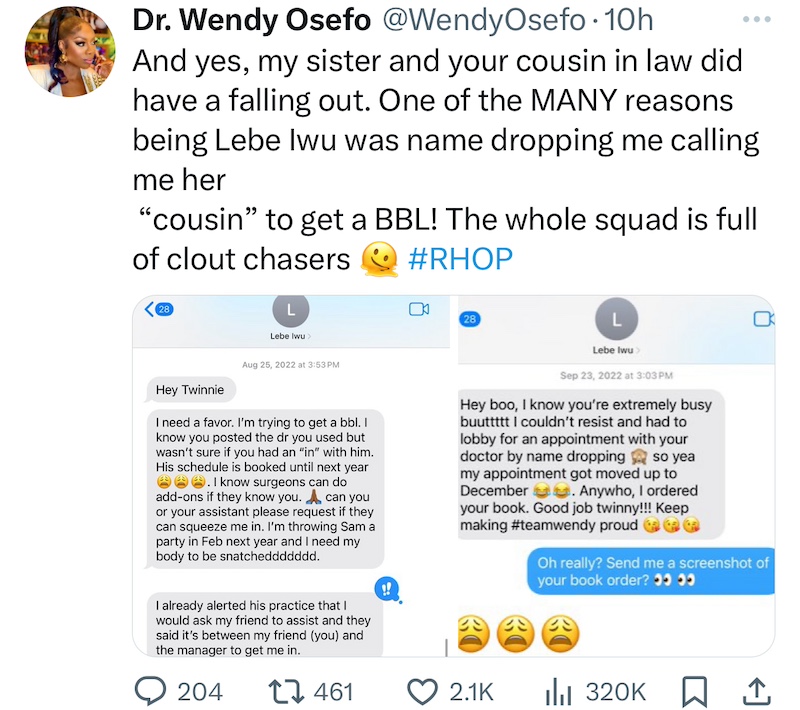RHOP Wendy Osefo Shares Texts From Lebe Iwu Name Dropping for BBL