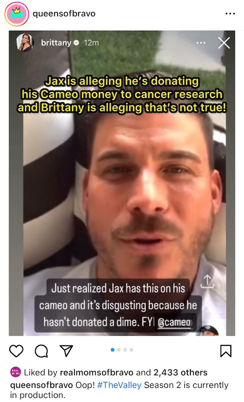 The Valley Brittany Cartwright Slams Jax Taylor for Lying About Donating Cameo Earnings to Cancer Research