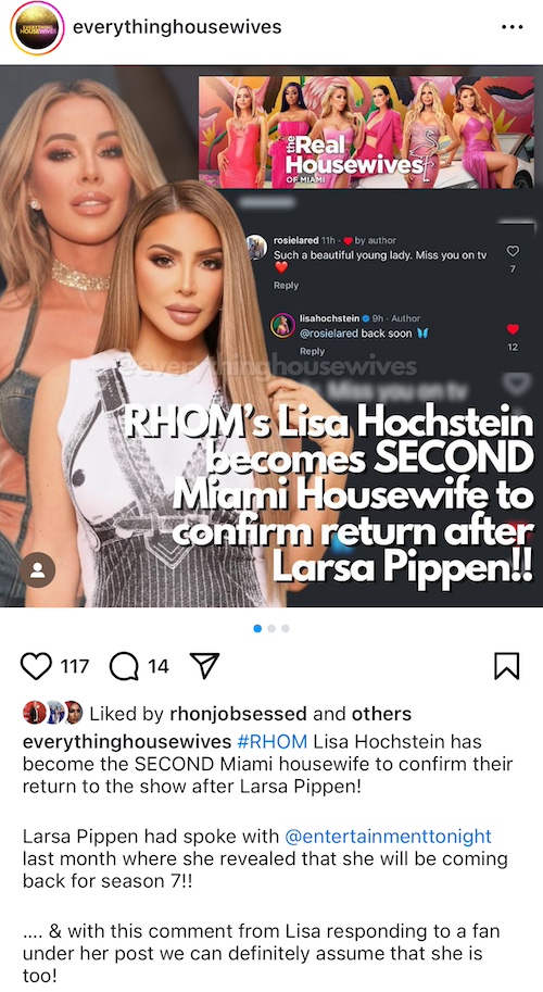 Lisa Hochstein Confirms Return to RHOM Season 7 With Instagram Comment