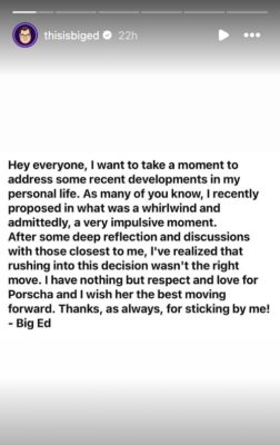 90 Day Fiance Star Big Ed Ends 24-Hour Engagement to Porscha