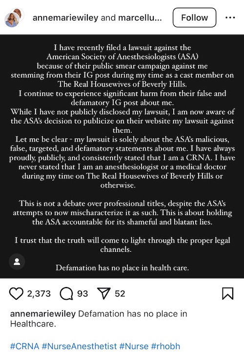 RHOBH Annemarie Wiley Announces Defamation Lawsuit Against the American Society of Anesthesiologists