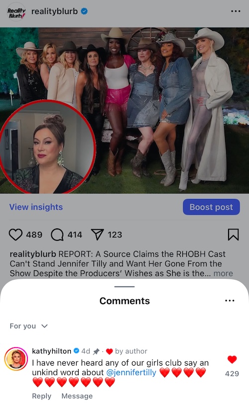 Kathy Hilton Defends Jennifer Tilly Against Claims of Feud With RHOBH Cast