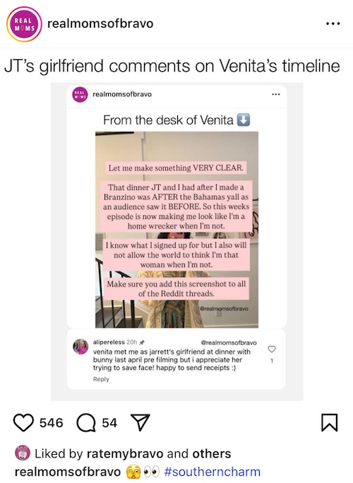 Southern Charm Jarrett JT Thomas' Girlfriend Ali Pereless Speaks Out Against Venita Aspen After Home Wrecker Denial