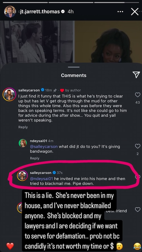 Southern Charm Salley Carson Accuses JT Thomas of Blackmail