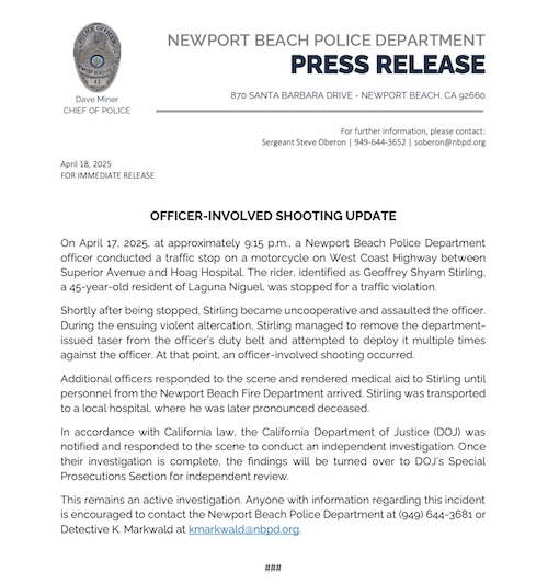 Newport Beach Police Department Statement About Lydia McLaughlin's Brother Geoffrey Stirling