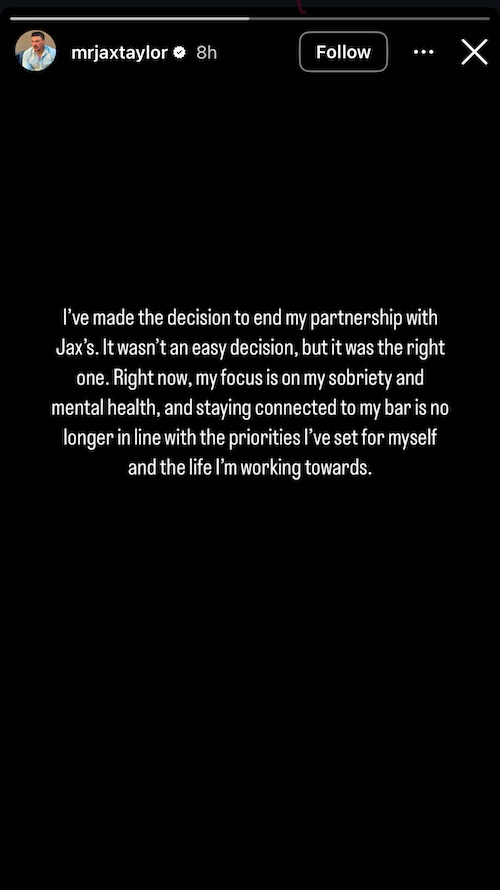 The Valley Jax Taylor announces exit from Jax's bar copy