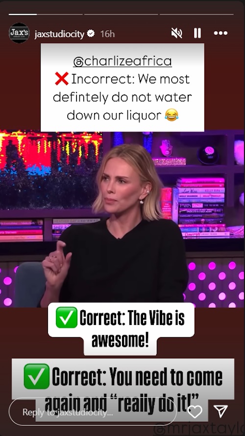 Jax Taylor's Bar Reacts to Charlize Theron Suggesting They Water Down Drinks