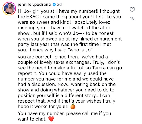 Jennifer Pedranti Fires Back at Jo De La Rosa for Calling Her Out Over RHOC After Show