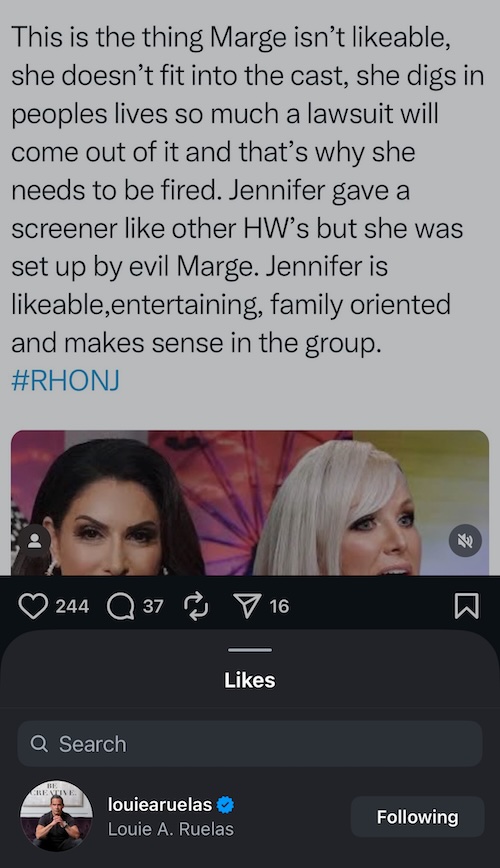 RHONJ Luis Ruelas Likes Post Suggesting Margaret Isn't Likeable and Should Be Fired