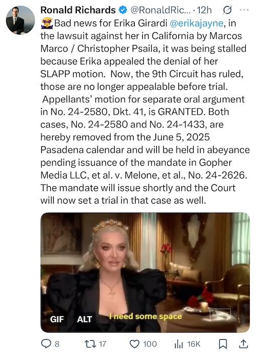 Ronald Richards Offers Update on Erika jayne's Lawsuit With Designer