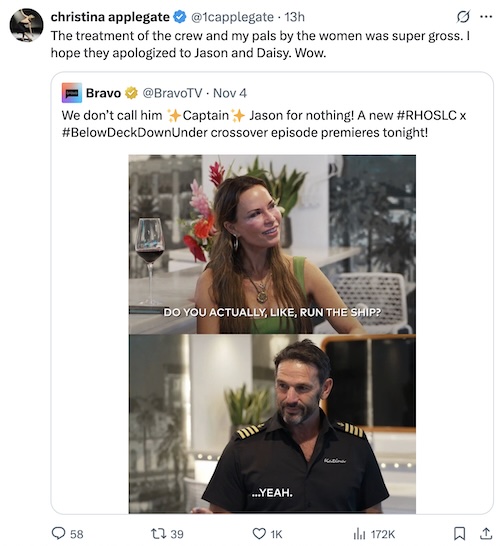 Christina Applegate Calls Out RHOSLC Cast for Poor Treatment of Below Deck Crew